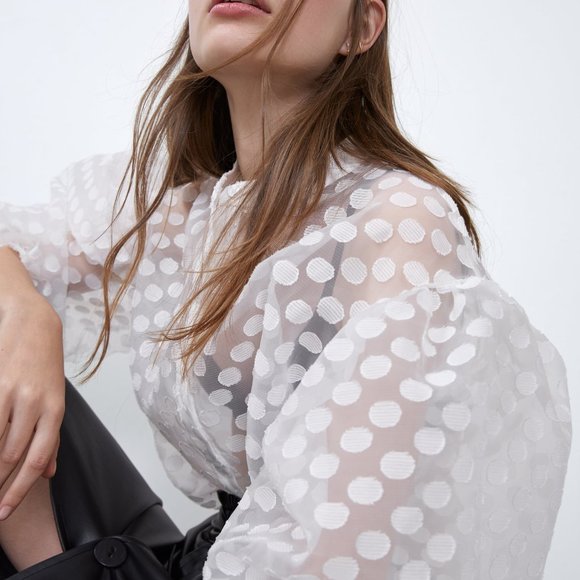 Zara POLKA DOT ORGANZA TOP-white-7385/155 - Picture 4 of 8